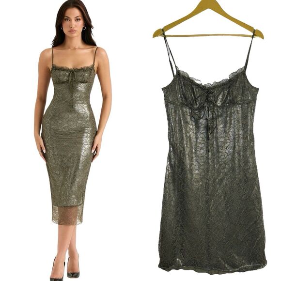 House of CB Isla Floral Lace Slip Dress Size L+ Olive Shimmer Milkmaid READ - Picture 1 of 11
